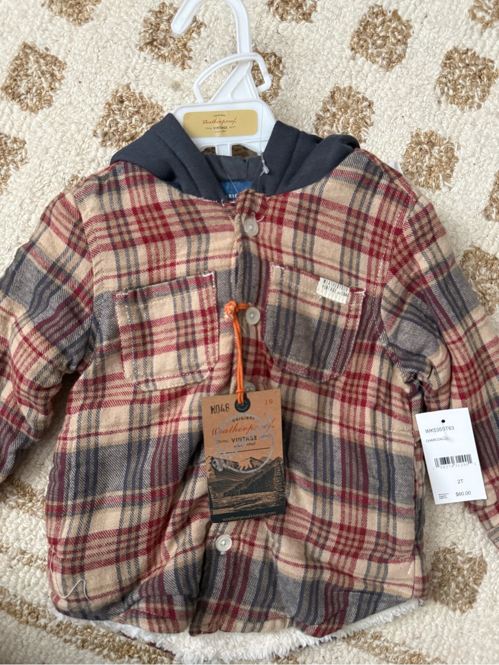 Weatherproof Kids Plaid Button-Down Hooded Shirt Jacket in Red, Tan & Navy